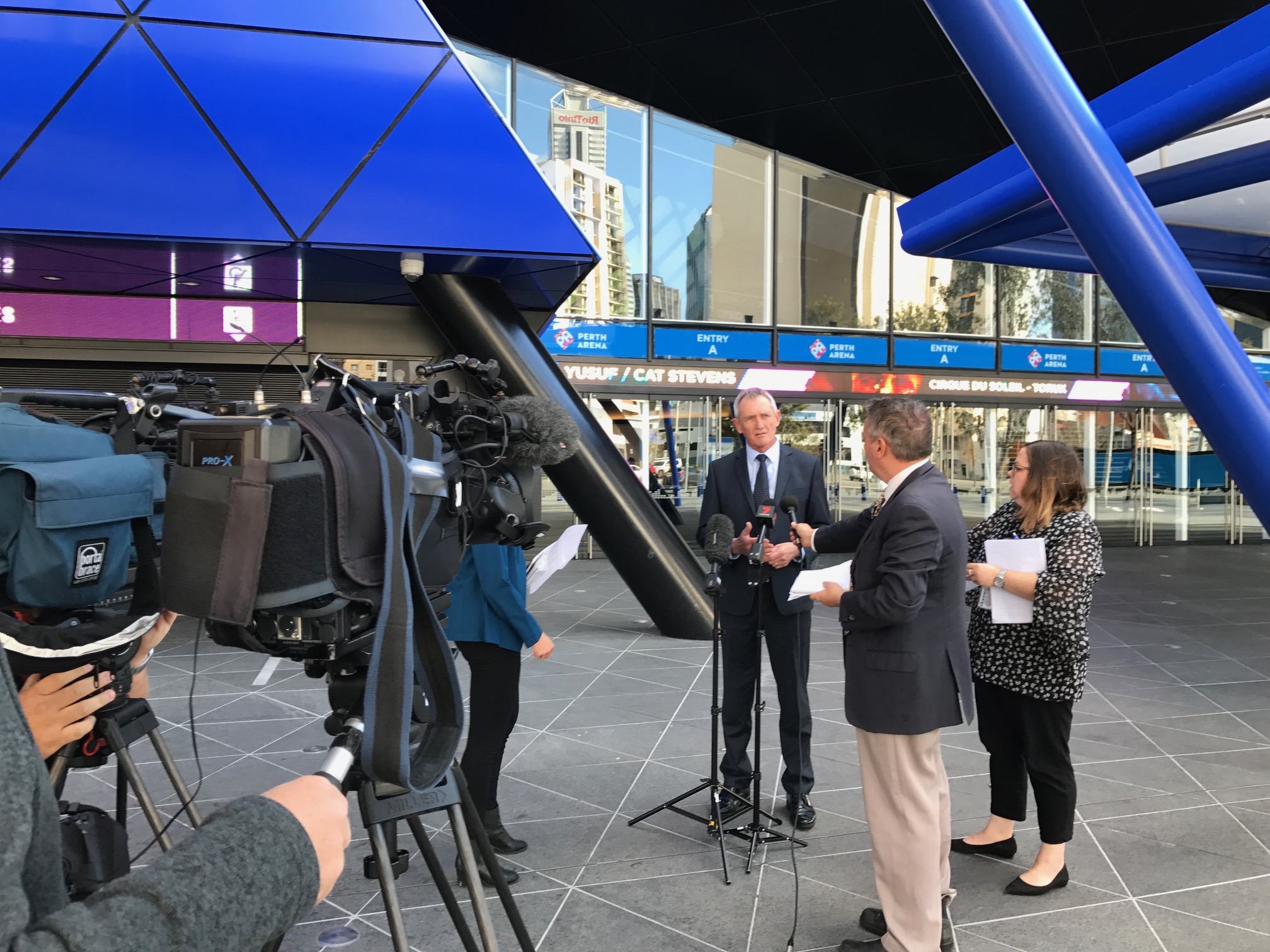 David Hillyard outside Perth arena issuing ticket scalping warning