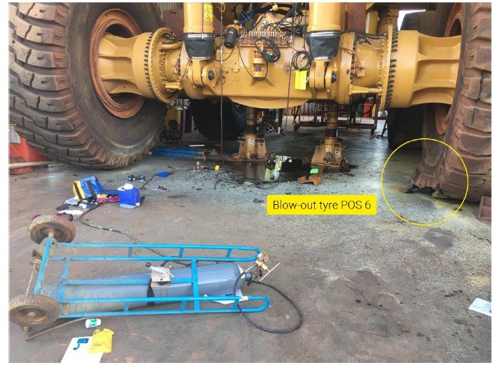 Safety Alert 06/2021 - Photo of the haul truck showing the blown out tyre fitted in position 6. Tools and equipment are in their original positions.