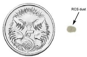 The workplace exposure standard for RCS is exceeded when the amount of dust a worker breathes over a full shift contains more RCS than the amount shown here next to the five cent piece. However workers may still suffer adverse effects from lower levels.