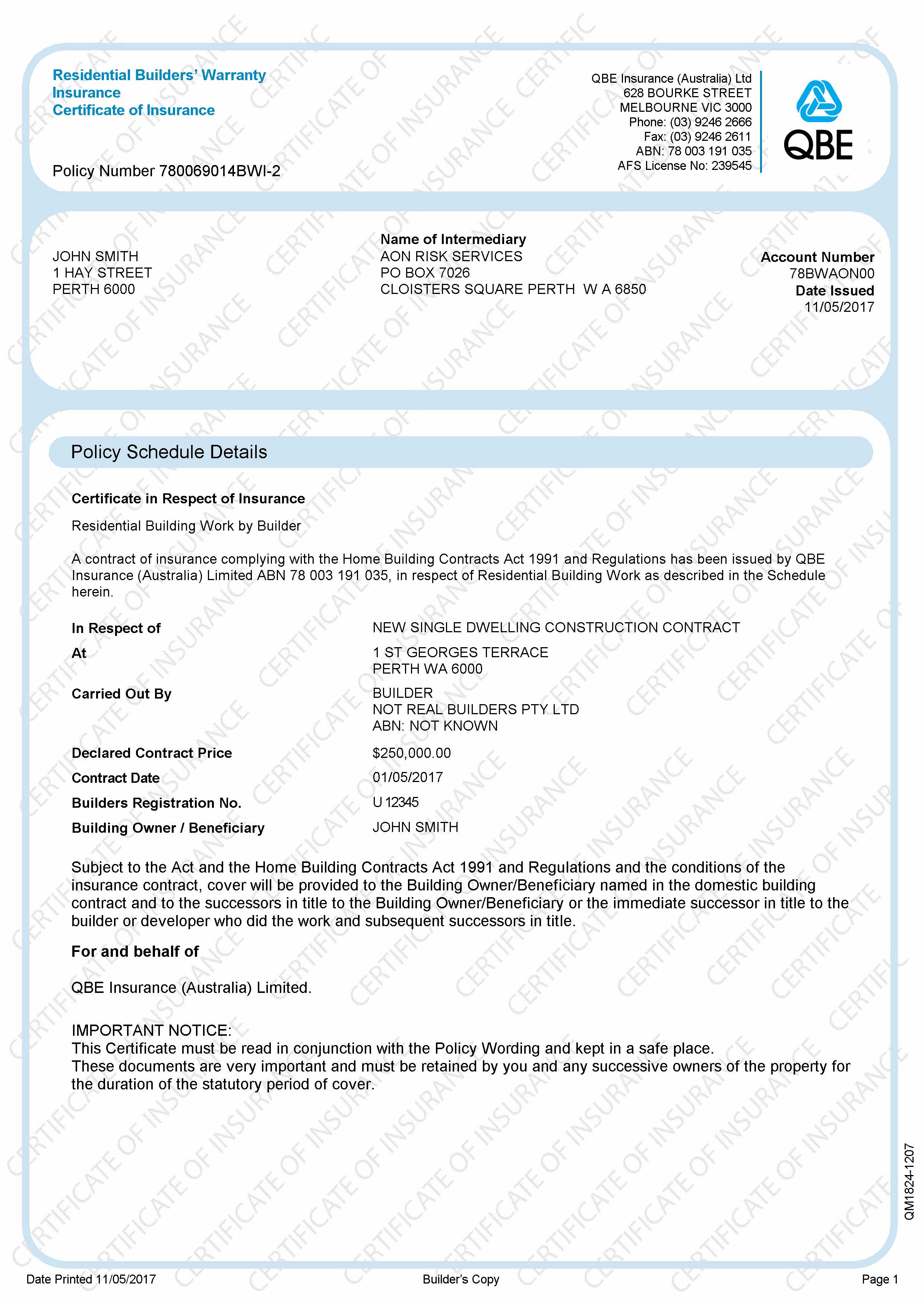 Home Indemnity Insurance "Certificate of insurance" example