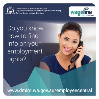 Graphic of women on the phone with the words - Do you know how to find info on your employment rights