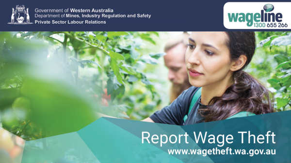 Image of horticulture worker with words Report Wage Theft www.wagetheft.wa.gov.au