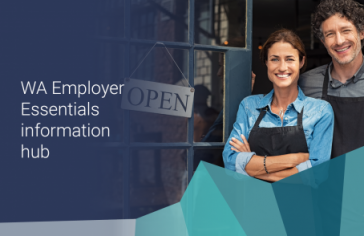 Image of business owners with link to WA Employer essentials information hub