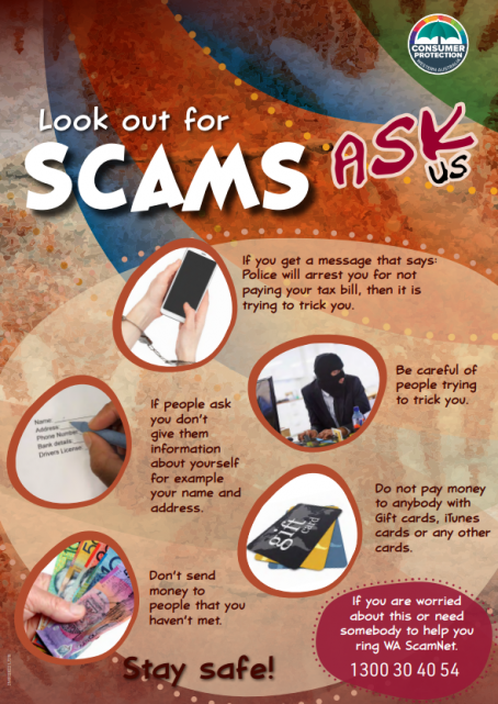 "Look out for scams" Ask Us Scam Poster (Plain English)