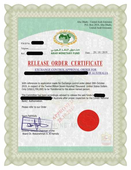 Redacted image of certificate